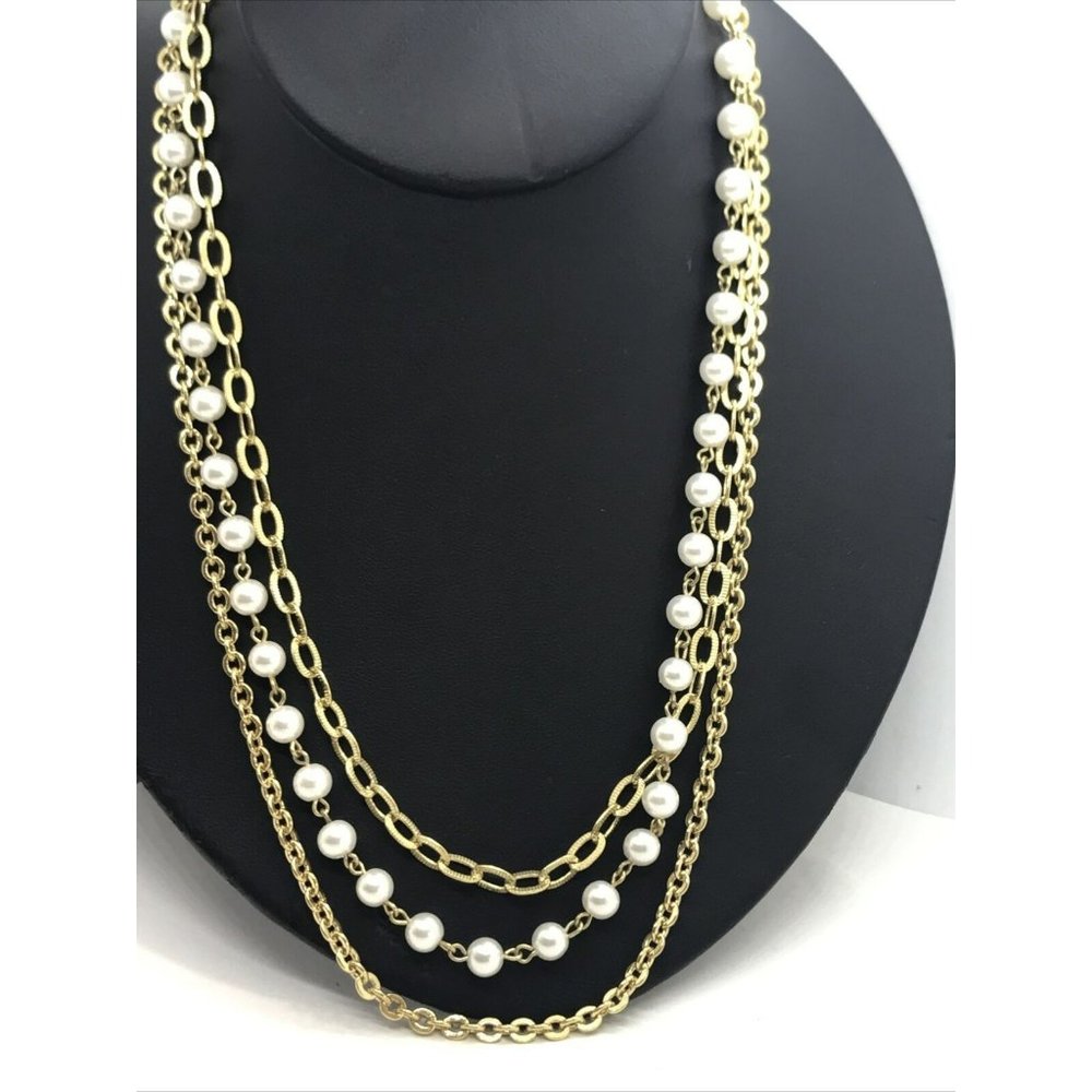 3 strand‎ Chain Faux Pearls 16" Vintage necklace triple